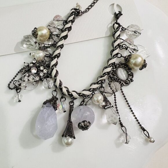 Art Glass Dangle Charm Bracelet Faux Pearl Leather Lilac Rhinestone Dangle - Picture 8 of 12